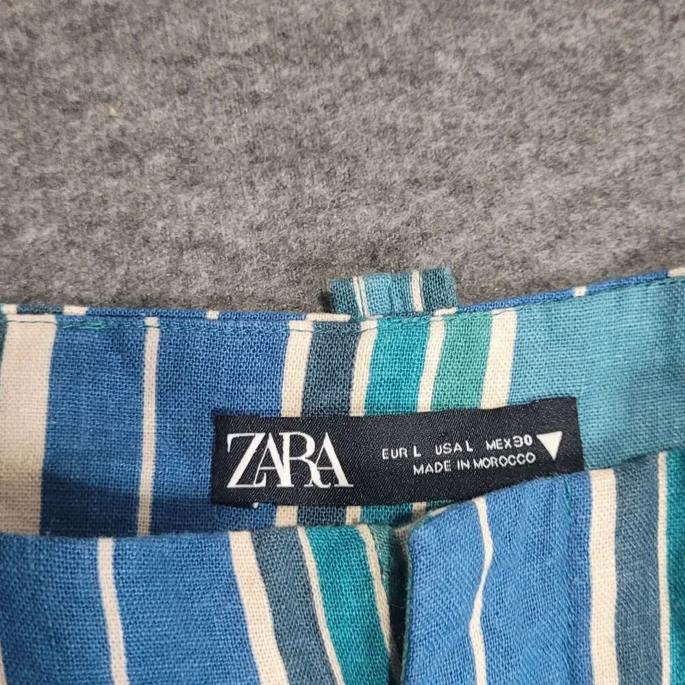 Zara large trousers striped blue zip wide leg linen blend pockets